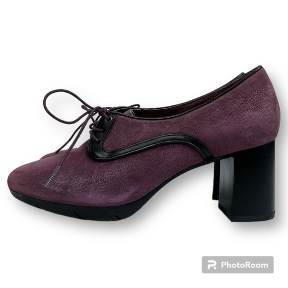 Camper Angie Heeled Oxford Shoes Lace Up Block Heel Leather Deep Plum and Black - Picture 6 of 17